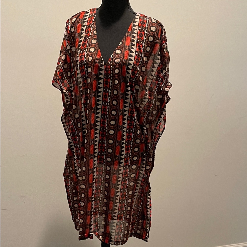 H&M Women’s Tunic Dress Caftan Size XL Brown Red Multicolor Print Short Sleeves